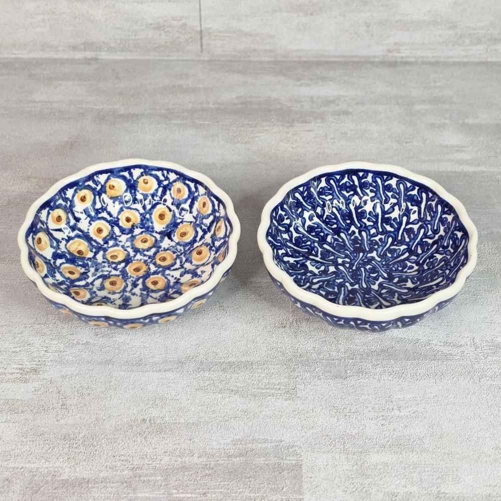 Boleslawiec Polish Pottery Scalloped Edge Ceramic Small Berry Bowls Set 2 4.5"
